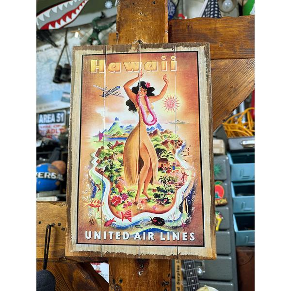 ハワイアン　ヴィンテージ　ウッドサイン　（ユナイテッド航空/フラガール） ■ アメリカン雑貨 アメリ...