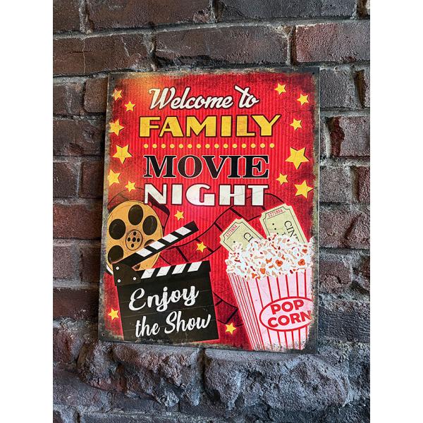 「ファミリー映画鑑賞会にようこそ！」　ブリキ看板 ■ アメリカン雑貨 アメリカ雑貨