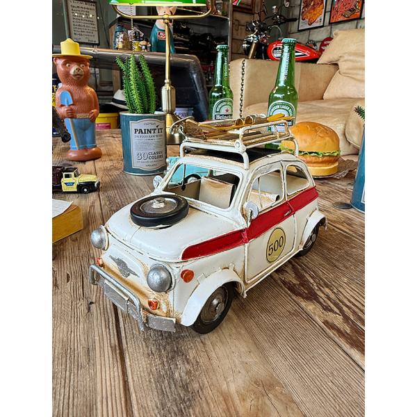 フィアット500　チンクエチェント　ブリキオブジェ　ルーフキャリア仕様/スキー板　写真ホルダー　（ア...