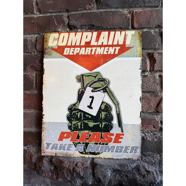 「苦情受け付けセンター　番号札を取ってお待ち下さい」　ジョーク看板　ブリキ看板　手榴弾 ■ アメリカ...