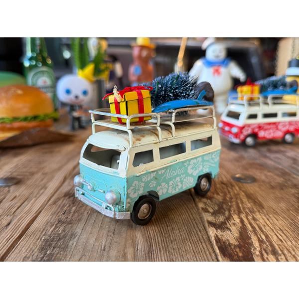 ハワイアン　クリスマス　ワーゲンバス　ミニ　ブリキオブジェ　（ミントブルー） ■ アメリカン雑貨 ア...