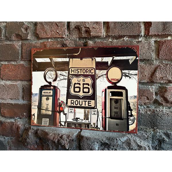 ルート66　古びたガススタ　ミニブリキ看板 ■ アメリカン雑貨 アメリカ雑貨