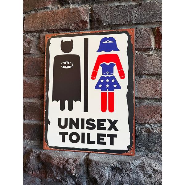 ユニセックス　トイレ看板　ヒーローの秘密基地風　ミニブリキ看板 ■ アメリカン雑貨 アメリカ雑貨  ...