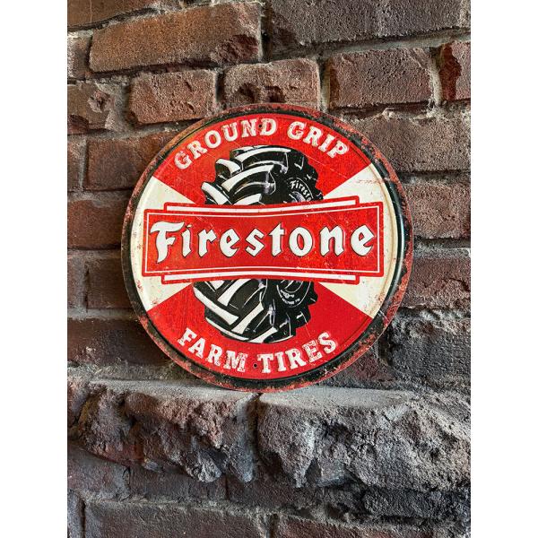 ファイアストン　ラウンド型　エンボス　ティンサイン　（FARM TIRES）　ブリキ看板 ■ アメリ...