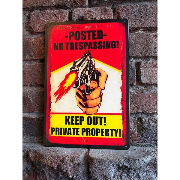 私有地につき立入禁止　ガンファイア　警告サイン　ミニブリキ看板 ■ アメリカン雑貨 アメリカ雑貨