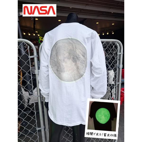 暗闇で光る！蓄光仕様　NASA　ムーン　オフィシャル　ロングスリーブTシャツ　（ホワイト）　ロンT ...