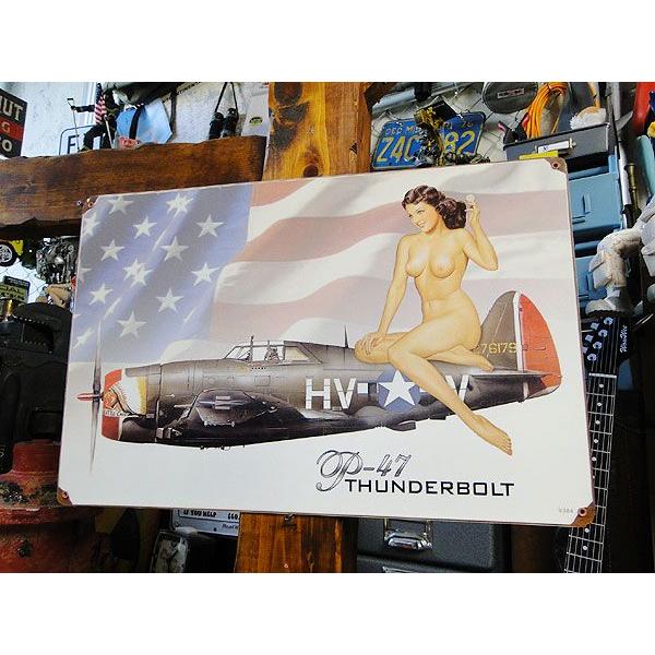ピンナップガール＆戦闘機　U.S.ヘヴィースチールサイン　（P-47　サンダーボルト）　アメリカ雑貨...