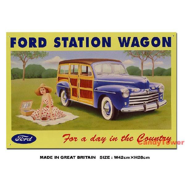 アメリカンブリキ看板 フォード ステーションワゴン ウッディ アメリカ雑貨 アメリカン雑貨 サインプ...