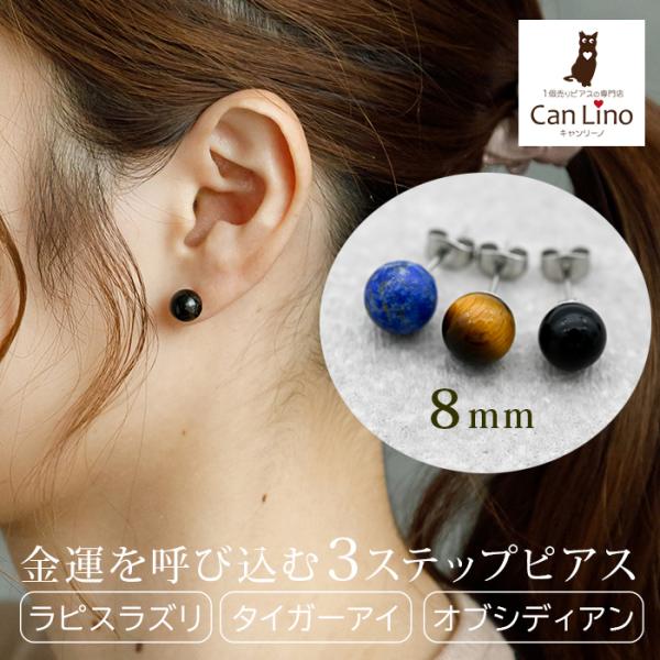 天然石 ピアス ラピスラズリ タイガーアイ オブシディアン【Auruna】 丸玉 8mm つけっぱな...