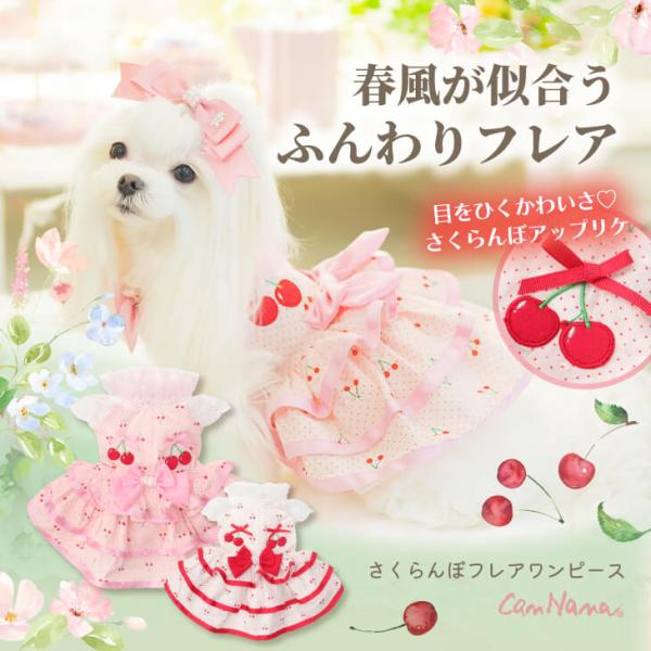 犬 犬服 春夏 さくらんぼフレアーワンピース レース さくらんぼアップリケ チェリー かわいい フリ...
