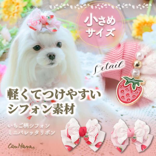 犬 アクセサリー 春 角度一定スタンド式 いちご柄シフォンミニバレッタリボン シフォン素材 軽い ス...