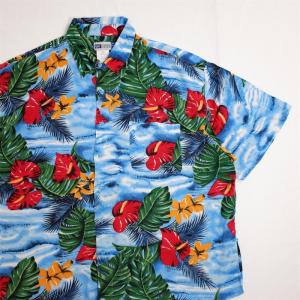 UN TIDE 半袖レーヨンアロハシャツ メンズUS-2XLサイズ ブルー ハイビスカス総柄 ハワイアン as-0096n｜canopus-web-shop