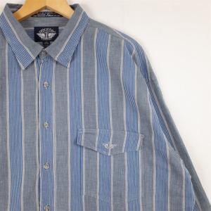 90's USA製 DOCKERS ドッカーズ 長袖コットンシャツ メンズUS-XLサイズ ストライプ柄 ブルー グレー系 Levi's リーバイス オールド as-0444n｜canopus-web-shop