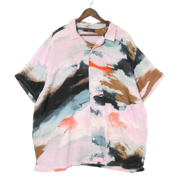 NO BOUNDARIES 半袖オープンカラーレーヨンシャツ メンズ3XL マーブル 抽象画総柄 ラ...