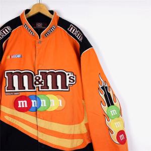 超特大 JH DESIGN コットンレーシングジャケット メンズUS-6XLサイズ M&M'sワッペン刺繍 袖ファイヤーパターン オレンジ ブラック jk-3060｜canopus-web-shop