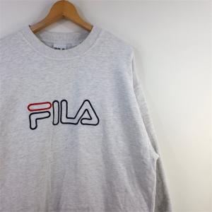 90's CANADA製 フィラ FILA クルーネックスウェットシャツ メンズUS-Lサイズ 刺繍ロゴ 杢ライトグレー トレーナー ビンテージ sh-2820｜canopus-web-shop