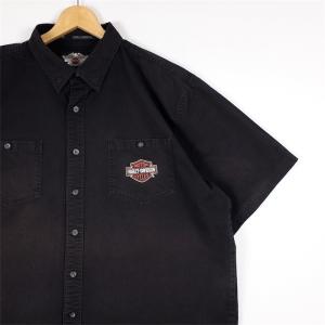 Harley-Davidson ハーレーダビッドソン 半袖ワークシャツ メンズUS-XXLサイズ ブラック 両面バー＆シールドワッペン刺繍 sh-4060n｜canopus-web-shop