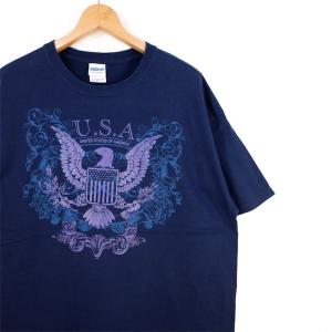 ギルダン GILDAN 半袖プリントTシャツ メンズUS-XLサイズ USA 国章 ボールドイーグル ネイビー クルーネック t-1648｜canopus-web-shop
