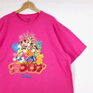 2007年 ディズニー 半袖プリントTシャツ メンズUS-XXLサイズ ミッキー ドナルド グーフィー ビンテージ ピンク キャラクター t-2291n｜canopus-web-shop