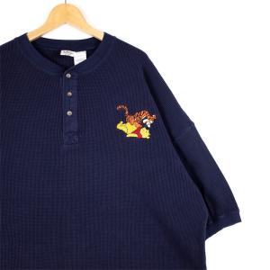 90's ディズニー  ヘンリーネック半袖サーマルTシャツ メンズUS-XXLサイズ ネイビー くまのプーさん＆ティガー刺繍 ビンテージ t-2429｜canopus-web-shop