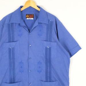 古着 大きいサイズ 80's guayaberas yucatecas 半袖開襟キューバシャツ グアヤベラシャツ メンズUS-2XLサイズ ブルー系 tn-1341n｜canopus-web-shop