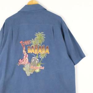 古着 大きいサイズ トミーバハマ 100%シルク バック刺繍 半袖開襟ハワイアンシャツ アロハシャツ メンズUS-2XLサイズ ネイビー系 tn-1350n｜canopus-web-shop