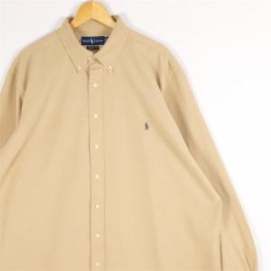 古着 大きいサイズ 旧タグ 90's ポロラルフローレン シルク混紡 長袖ボタンダウンシャツ メンズUS-XLサイズ 無地 ベージュ系 tn-1678n｜canopus-web-shop