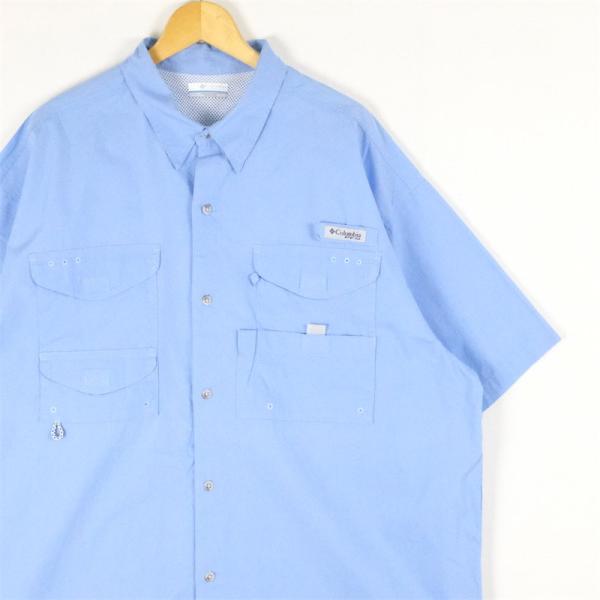 古着 大きいサイズ コロンビア PFG 半袖フィッシングシャツ メンズUS-XLサイズ 無地 水色 ...