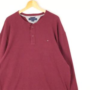 古着 大きいサイズ トミーヒルフィガー 長袖ヘンリーネンク コットンサーマルTシャツ メンズUS-2XLサイズ 無地 ボルドー系 tn-1983n｜canopus-web-shop