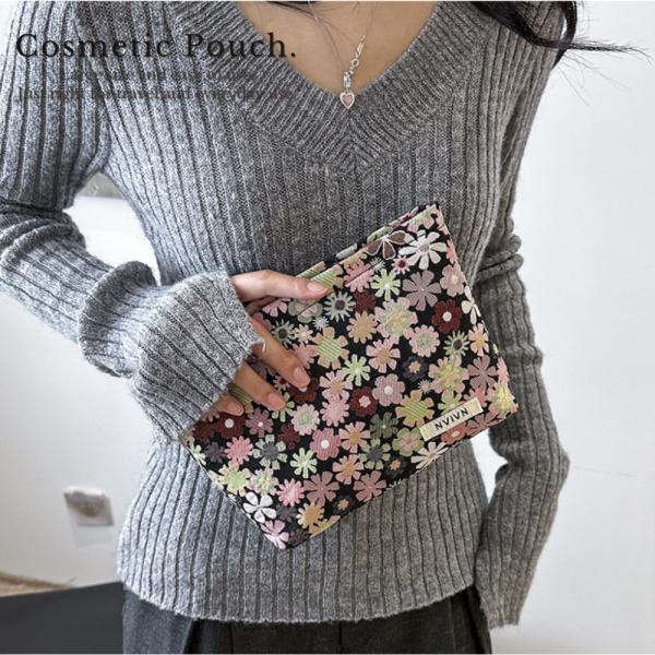 化粧ポーチ コスメポーチ メイクポーチ 小さめ 薄型 花柄 機能性 携帯 コンパクト 持ち運び 使い...
