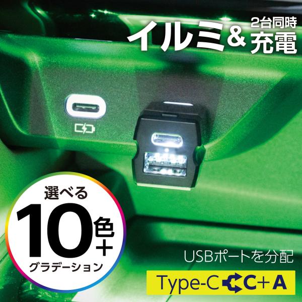 車内用品 USBハブ レインボーイルミ2USBコネクタ CtoC+A F351 USB-C&amp;USB-...