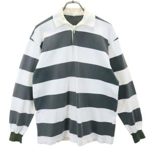 日本製 ボーダー柄 ラグビー 長袖 ラガーシャツ M グリーン系×ホワイト ジャージ メンズ 古着 中古