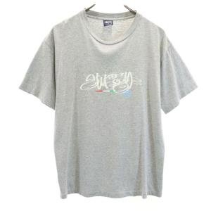 STUSSY ステューシー 90s USA製 オールド 紺タグ プリント 半袖 Tシャツ M グレー メンズ 古着 中古