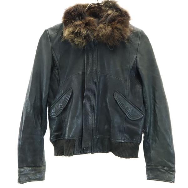 pas de calais パドカレ レザージャケット 38 深緑系 ラクーンファー付き レディース...