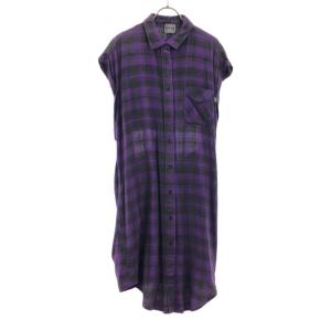 STUSSY WOMEN ステューシー ウーマン チエック柄 半袖 バックオープン ネル シャツワンピース S パープル×ブラック レディース 古着 中古