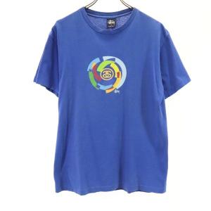 STUSSY ステューシー 90s 紺タグ USA製 プリント 半袖 Tシャツ M ブルー系 メンズ 古着 中古