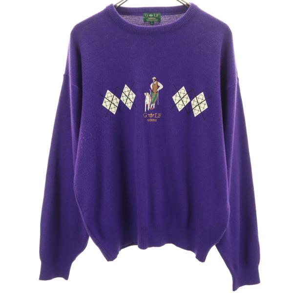 adidas アディダス 80s 日本製 トレフォイルロゴ ゴルフ 長袖 セーター L パープル ニ...