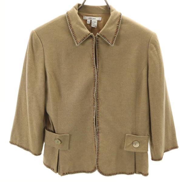 ZARA BASIC ザラベーシック リネンブレンド 5分袖 ビジュー付き ジャケット 6 ベージュ...