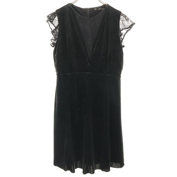 ZARA BASIC ザラベーシック フレンチスリーブ レースレイヤード ベロア ミニワンピース S...