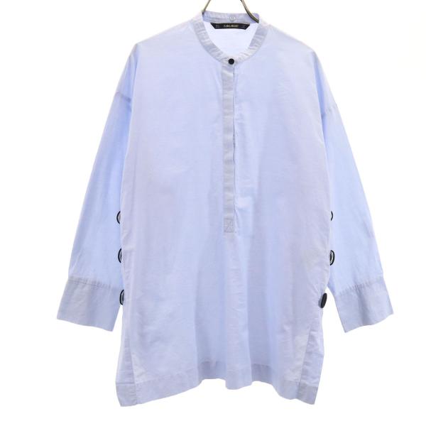 ZARA BASIC ザラベーシック 長袖 プルオーバー バンドカラーシャツ L ブルー レディース...