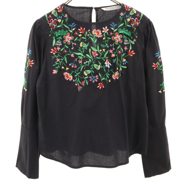 ZARA BASIC ザラベーシック 花刺繍 長袖 プルオーバー ブラウス XS ブラック レディー...