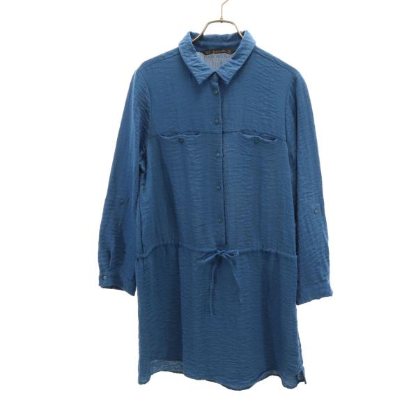 ZARA BASIC ザラベーシック 長袖 ワンピース M ブルー ロールアップ レディース 古着 ...