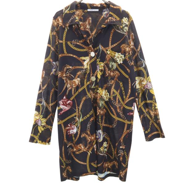 ZARA BASIC ザラベーシック 総柄 長袖 ハーフボタン ワンピース S ブラック系 レディー...