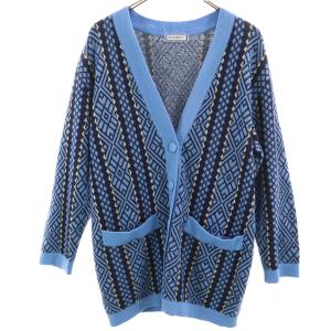 YVES SAINT LAURENT イヴサンローラン 90s オールド 総柄 長袖 Vネック ニットカーディガン M ブルー レディース 古着 中古