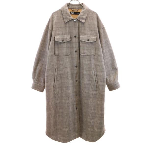 ZARA ザラ チェック柄 ウールライク シャツ コート M-L グレー レディース 古着 中古