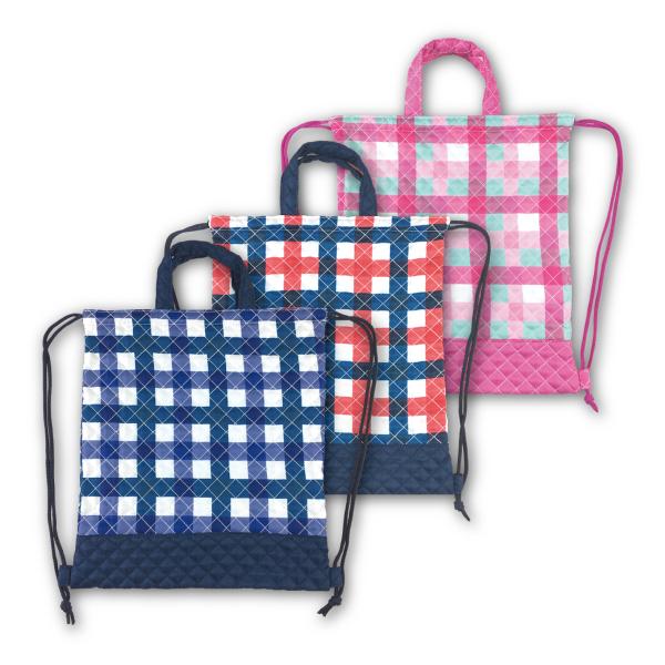 ナップサック チェック柄 キルト ネイビー ブルー アカ ピンク 男の子 女の子 送料無料 2ウェイ...