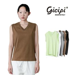 GICIPI ジチピ ノースリーブ VネックTシャツ コットン カットソー レディース クルーネック  イタリア製 トップス ニットソー 無地 綿 2414P ACCIAIO｜carre-store