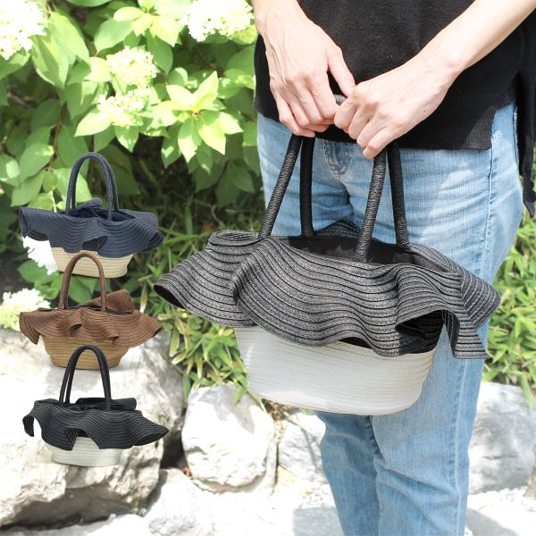 かごバッグ トート レディース 60代 おしゃれ 籠 巾着 フリル バイカラー レディス トートバッ...