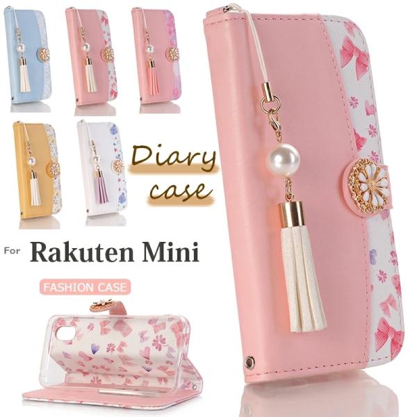 Rakuten mini ケース 手帳型 ピンクリボン 楽天 mini カバー マグネット フラワー...