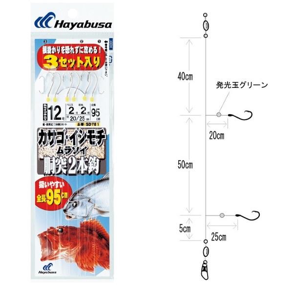 ハヤブサ　カサゴ・イシモチ・ムラソイ　胴突２本鈎３セット　ハリス２号−針１２号 仕掛け(qh)